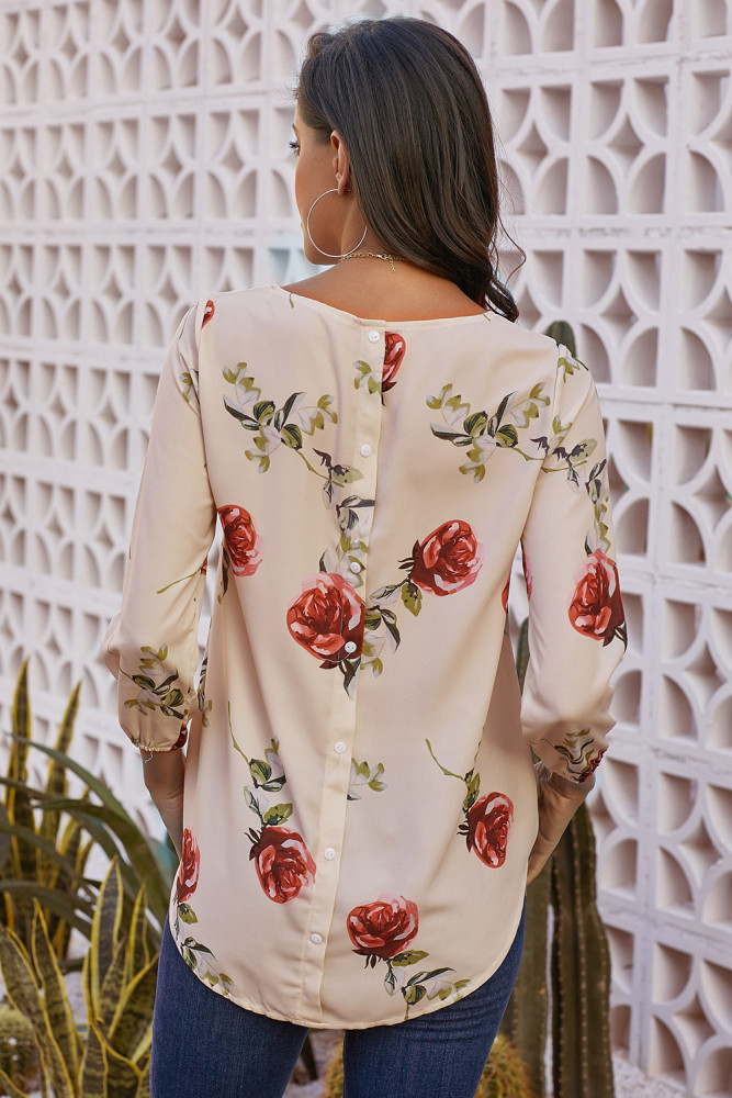 Apricot Button up Back Floral Blouse