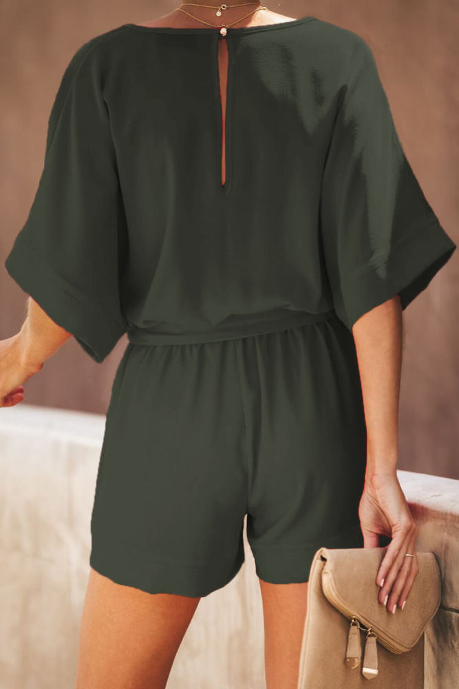 Dark Green Spring Scene Pocketed Tie Romper