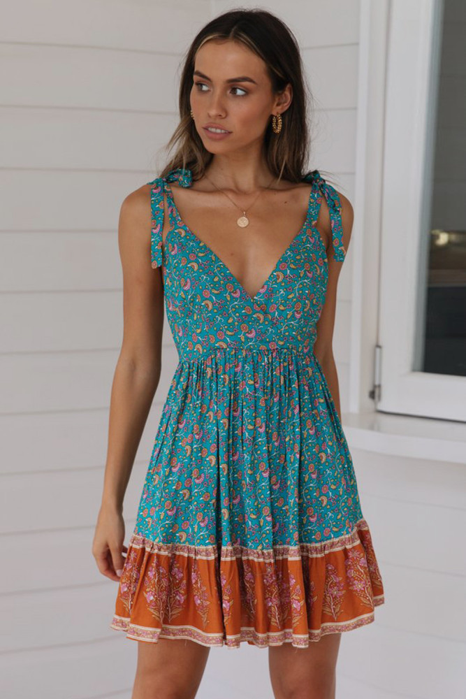 Sky Blue Surpliced V Neck Shoulder Strap Floral Dress