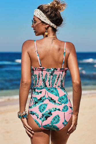 Pink Fashion Side Tie Flower Print One Piece Swimsuit