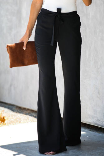 Black Dress to Impress Pocketed Flared Tie Pants