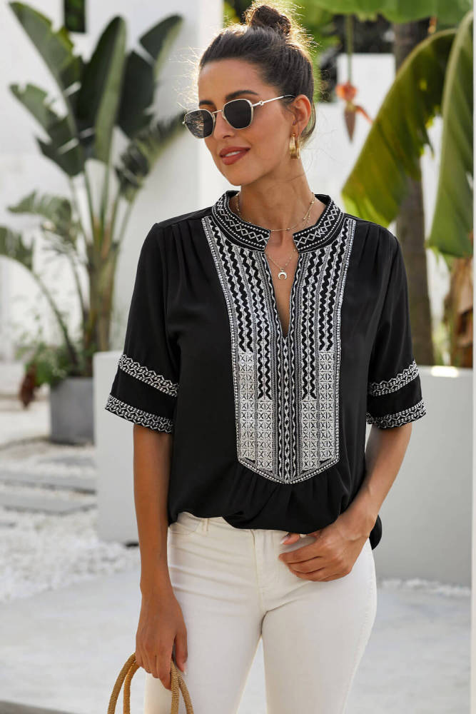 Black Elbow Length Sleeves Front Embroidery Blouse