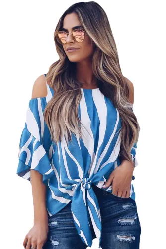 Sky Blue Cold Shoulder Vertical Stripes Blouse