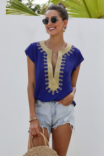 Blue Short Sleeve Printed Neck Shift Blouse