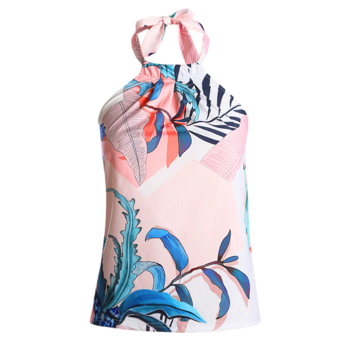 Sky Blue Sleeveless Flower Printed Tank Top