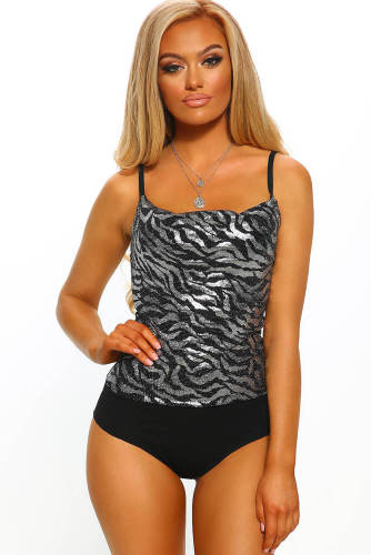 Night Fever Silver Metallic Zebra Print Cowl Neck Bodysuit
