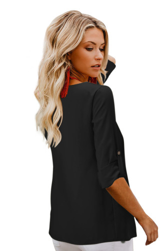 Black Button Detail Roll up Sleeve Blouse
