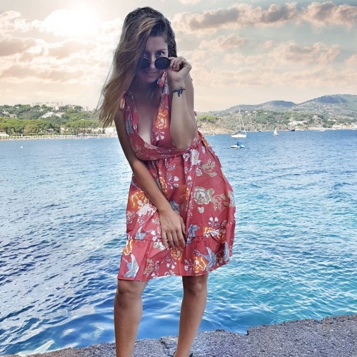 Orange Surpliced V Neck Shoulder Strap Floral Dress