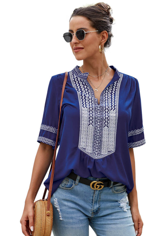 Blue Elbow Length Sleeves Front Embroidery Blouse