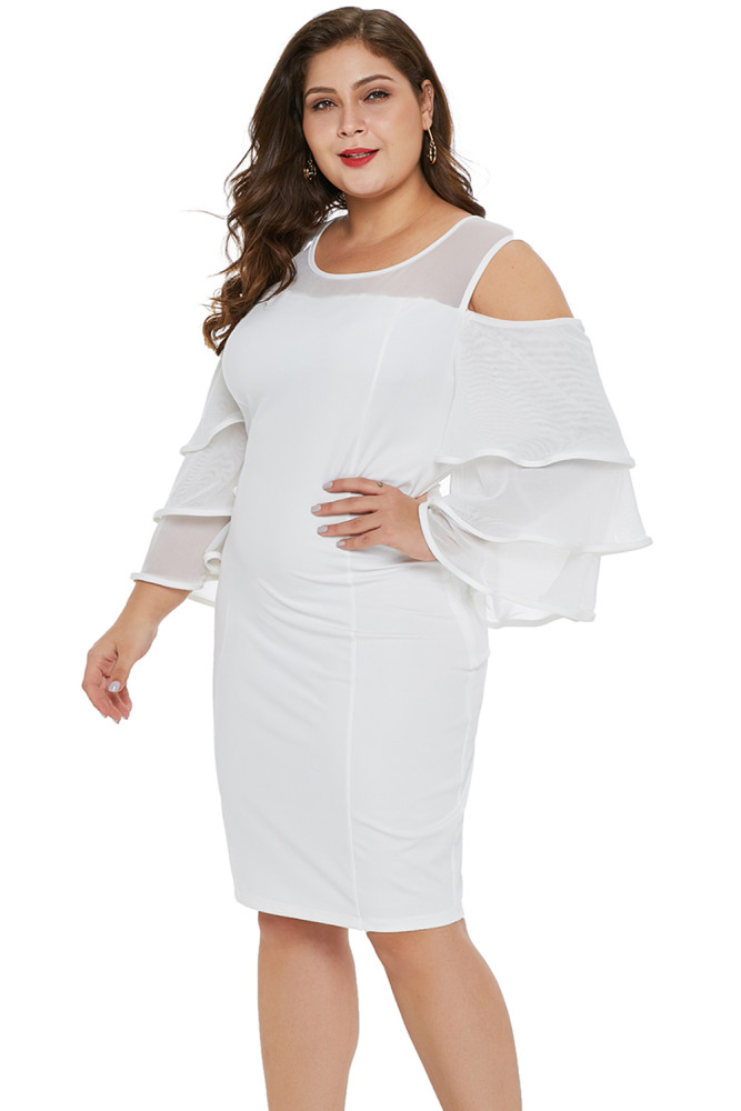 White Cold Shoulder Cascading Sleeve Plus Size Dress