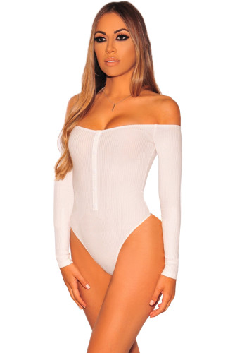 White Ribbed Knit Off Shoulder Long Sleeves Bodysuit
