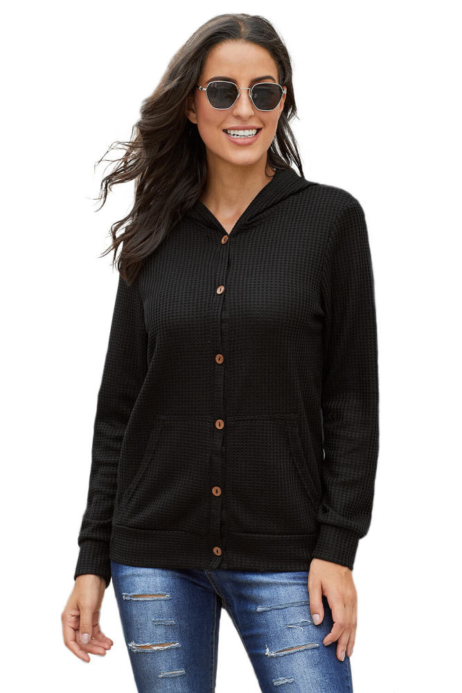 Black Open Front Pocket Button Down Knit Cardigan Coat