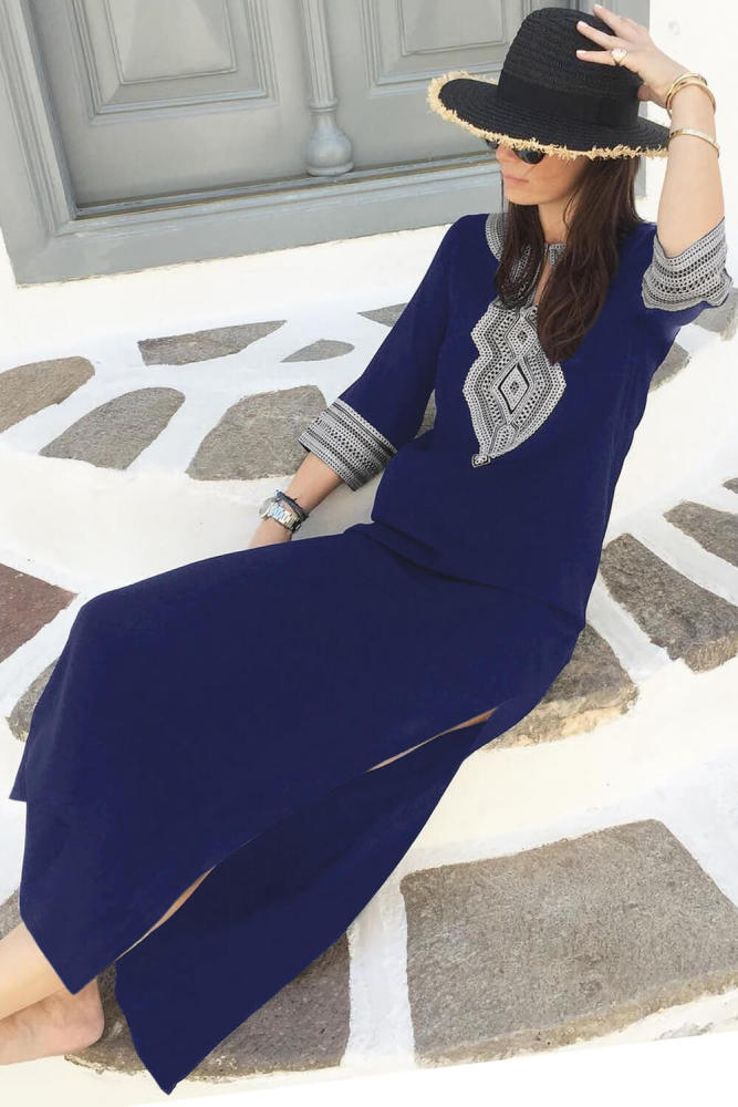 Blue Casual Crochet Embroidered Slit Summer Dress