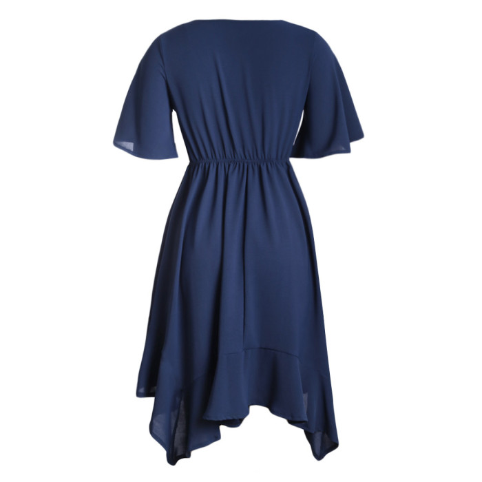 Blue Chiffon Irregular Hem Short Sleeve Pleated Dress
