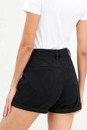 Black Vintage Denim High Waisted Folded Hem Jeans Shorts