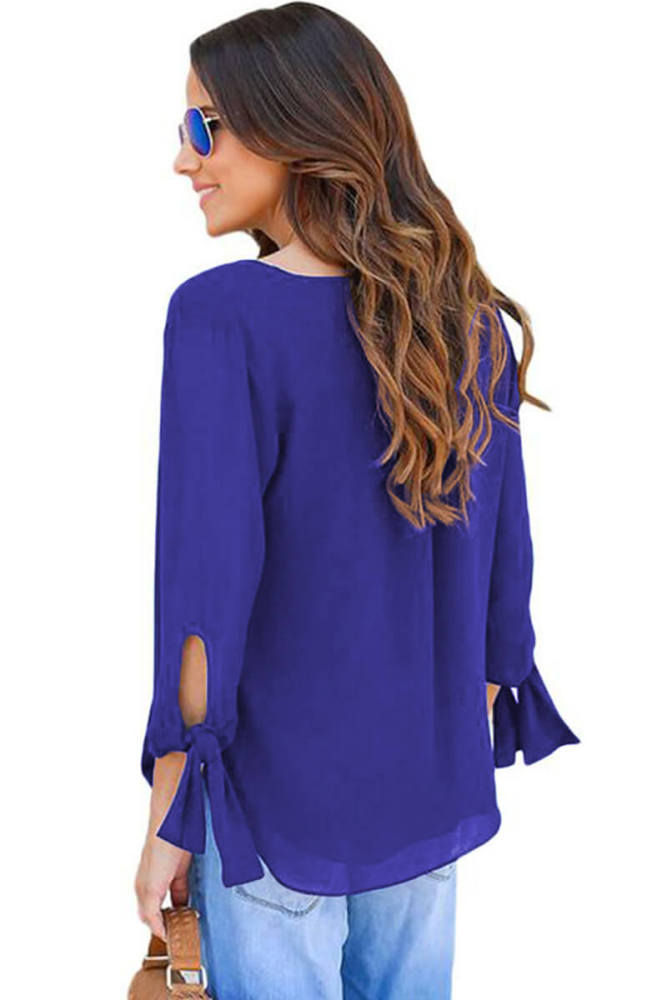 Blue V Neck Ruched Tie Sleeve Top