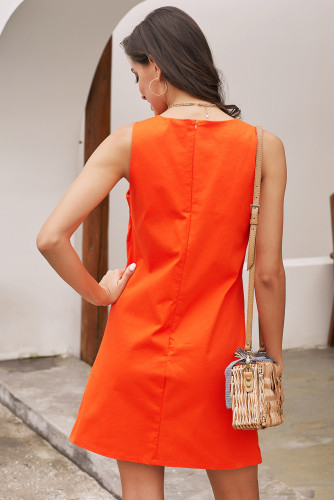 Orange Buttoned Pockets Sleeveless Dress