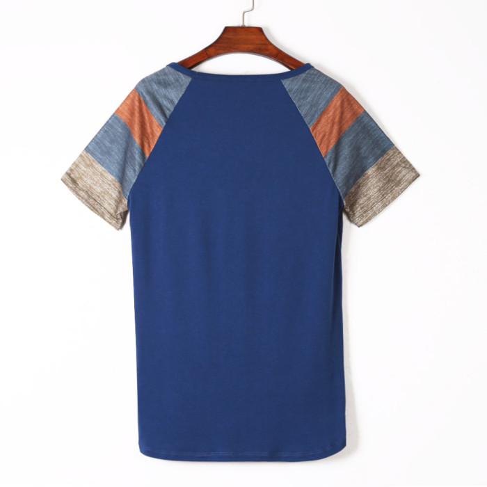 Blue Color Block Short Sleeve Loose Fit Top