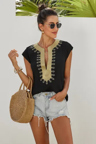 Black Short Sleeve Printed Neck Shift Blouse