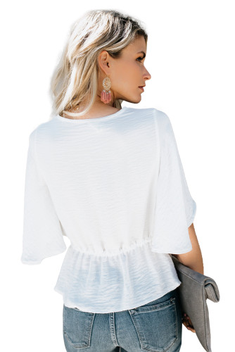 White V-Neck Bell Sleeve Twist Pleated Blouse