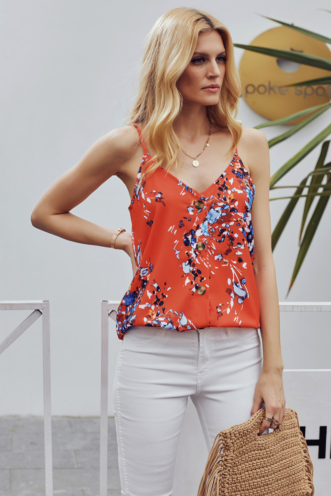 Orange Floral Print Button Down Tank Top