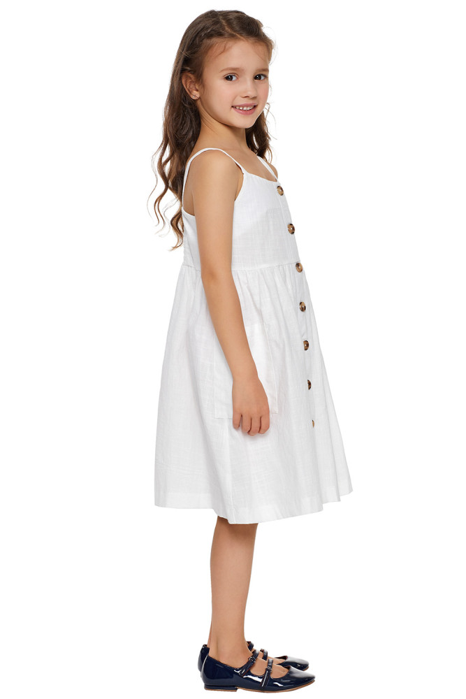 White Little Girls Spaghetti Strap Button Dress with Pockets