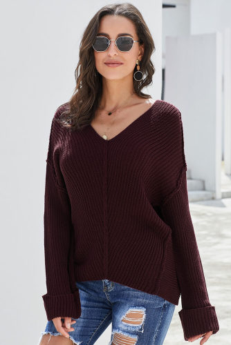 Red Textured V Neck Pullover Sweater