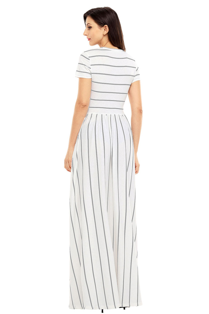 Grey Striped Ivory Short Sleeve Maxi Dress