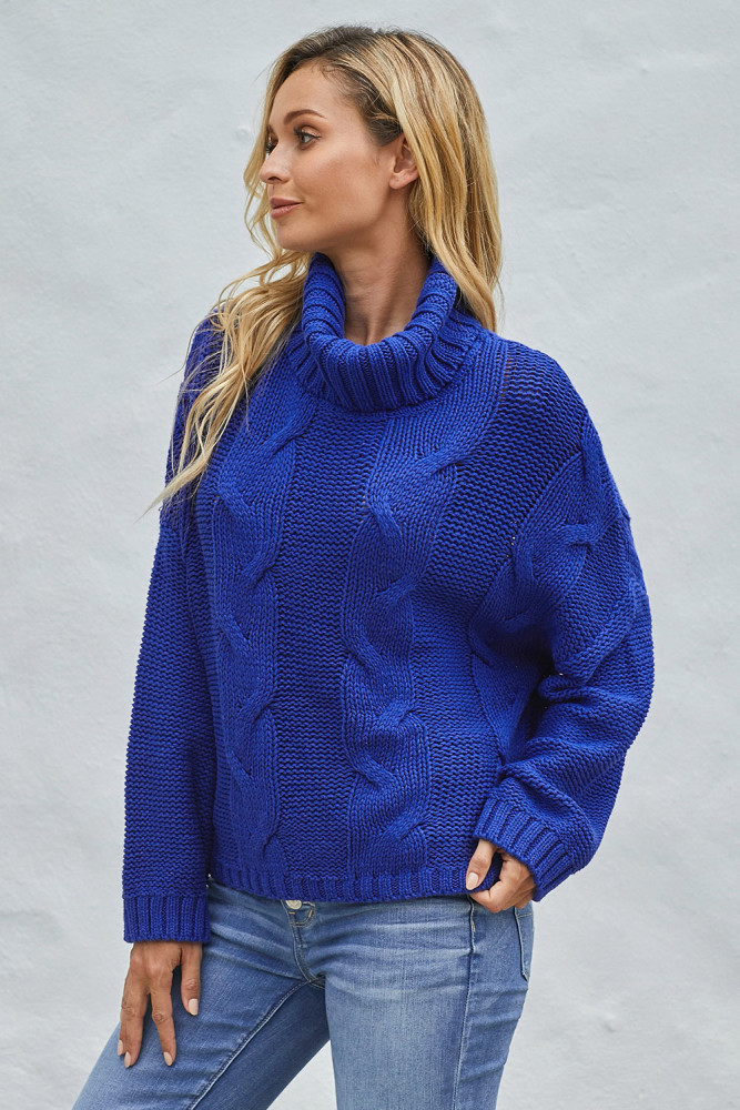 Blue Cuddle Weather Cable Knit Handmade Turtleneck Sweater