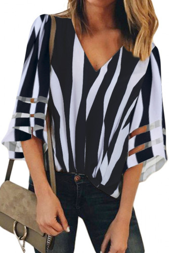 Black 3/4 Bell Sleeve V Neck Lace Patchwork Shirt