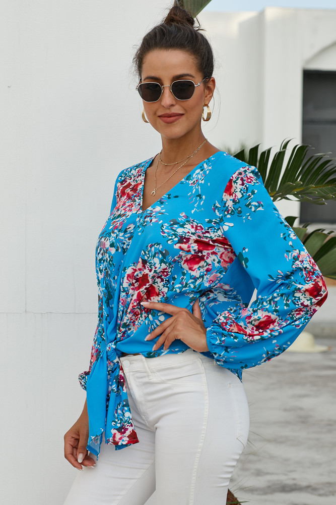 Sky Blue V Neck Long Sleeve Tie Front Blouse