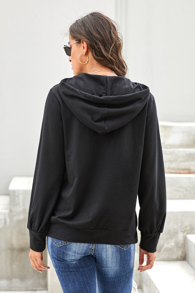 Black Long Sleeve Hoodie with Rope Drawstring