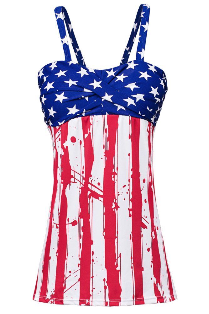 Multicolor Stripes and Stars Flag Print Tummy Control Tankini