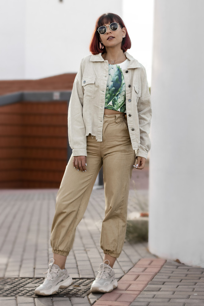 Beige Distressed Cotton Cordury Jacket