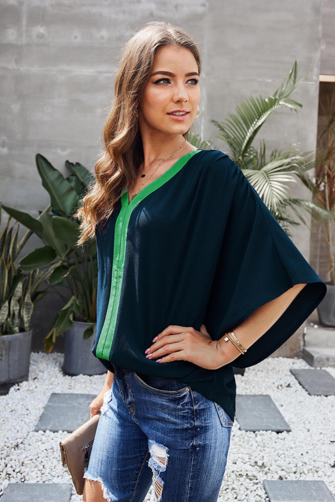 Blue Fashion Contrast Color V Neck Blouse