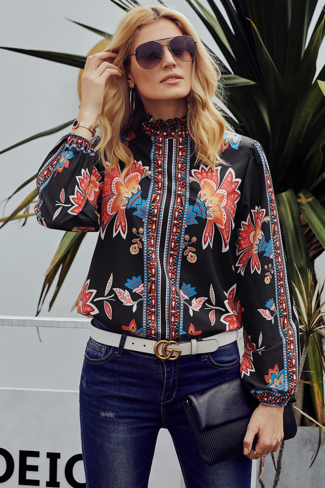 Flower Print Smocked Long Sleeve Blouse