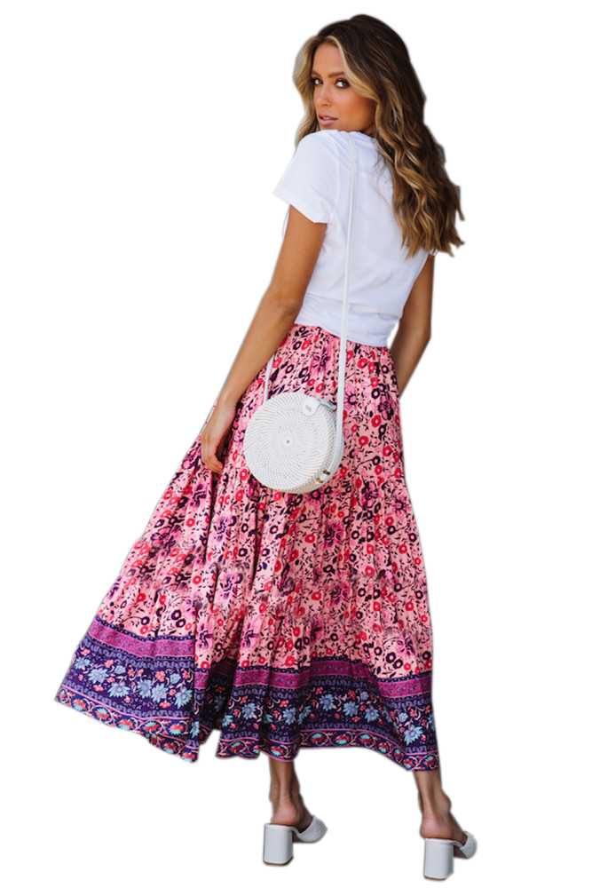 Purple Elastic Waist Floral Maxi Skirt