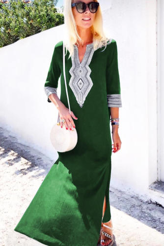 Green Casual Crochet Embroidered Slit Summer Dress