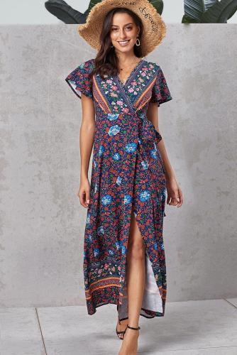 Multicolor V-Neck Beach Resort Printed Dress