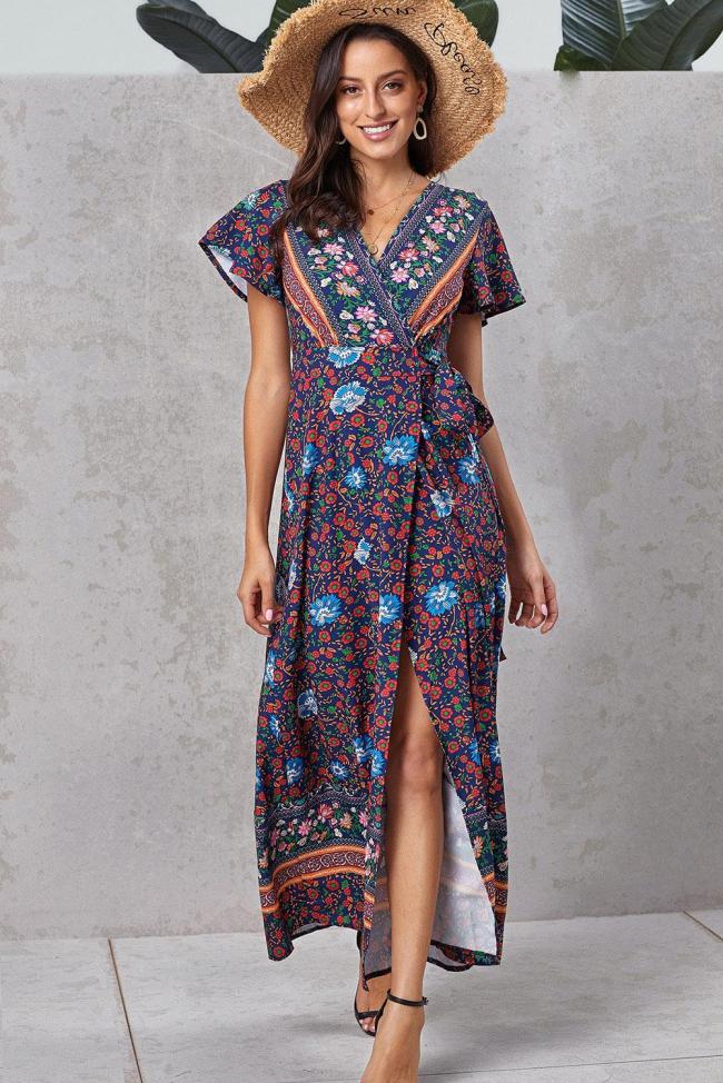 Multicolor V-Neck Beach Resort Printed Dress
