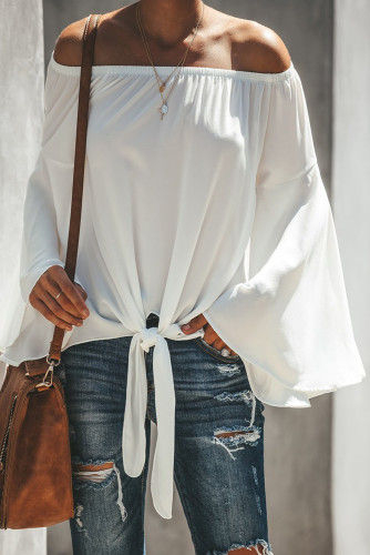 White Off The Shoulder Bell Sleeve Tie Blouse