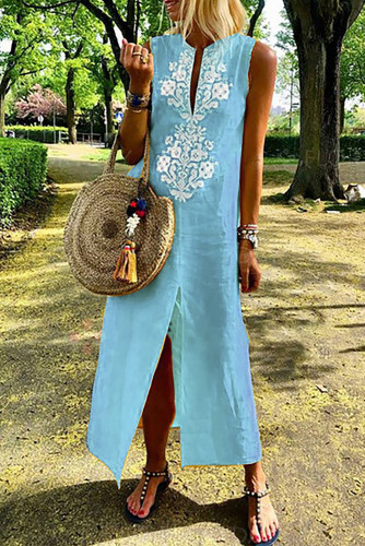 Sky Blue Sleeveless Casual Slit Geometric Summer Dress