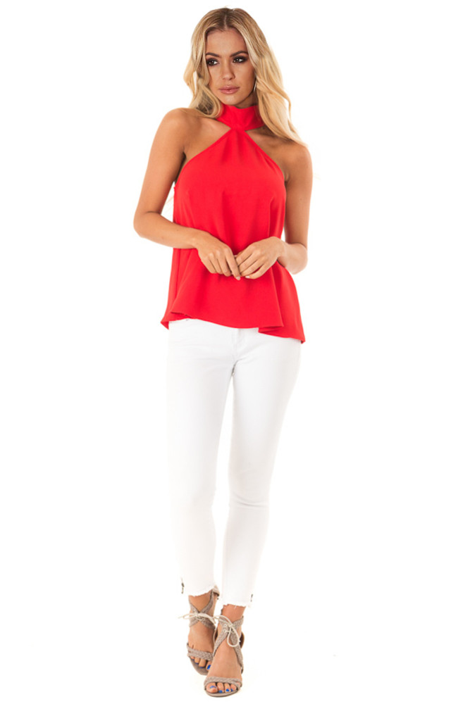 Red Sleeveless Halter Top with Keyhole Back