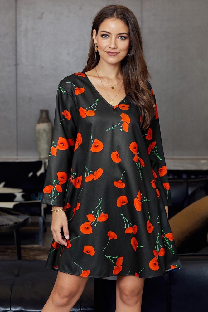 Black Printed V-Neck Three Quarter Sleeve Loose Dress