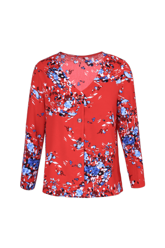 Orange V Neck Buttoned Floral Print Blouse