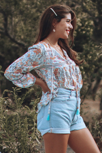 Orange Floral Vintage V Neck Blouse