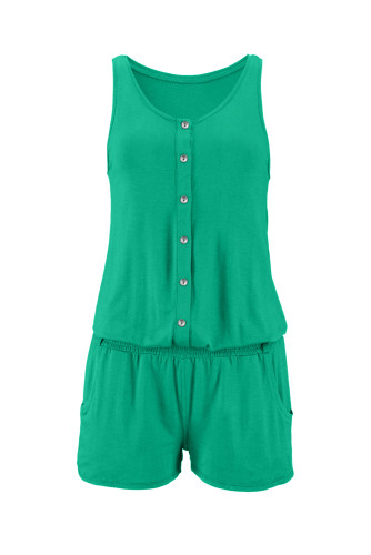 Solid Color Sleeveless Button Jumpsuit in Green