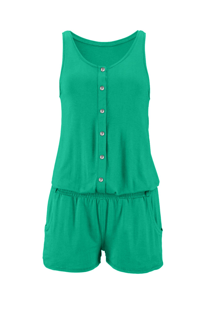 Solid Color Sleeveless Button Jumpsuit in Green