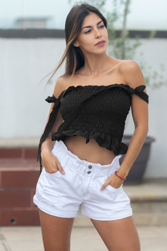 Black Frill Tie Shoulder Strap Vest