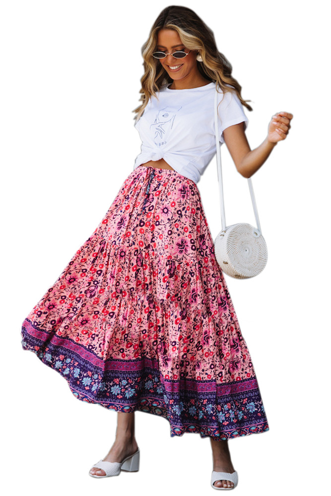 Purple Elastic Waist Floral Maxi Skirt